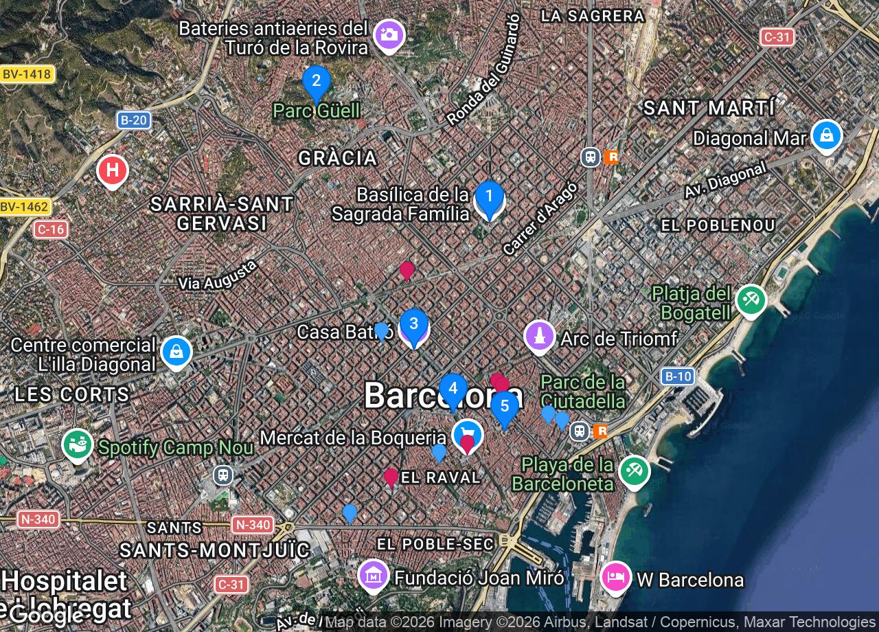 Satellite map of Barcelona, with this guide's iconic places numbered and its
    restaurants and off-the-path places marked
