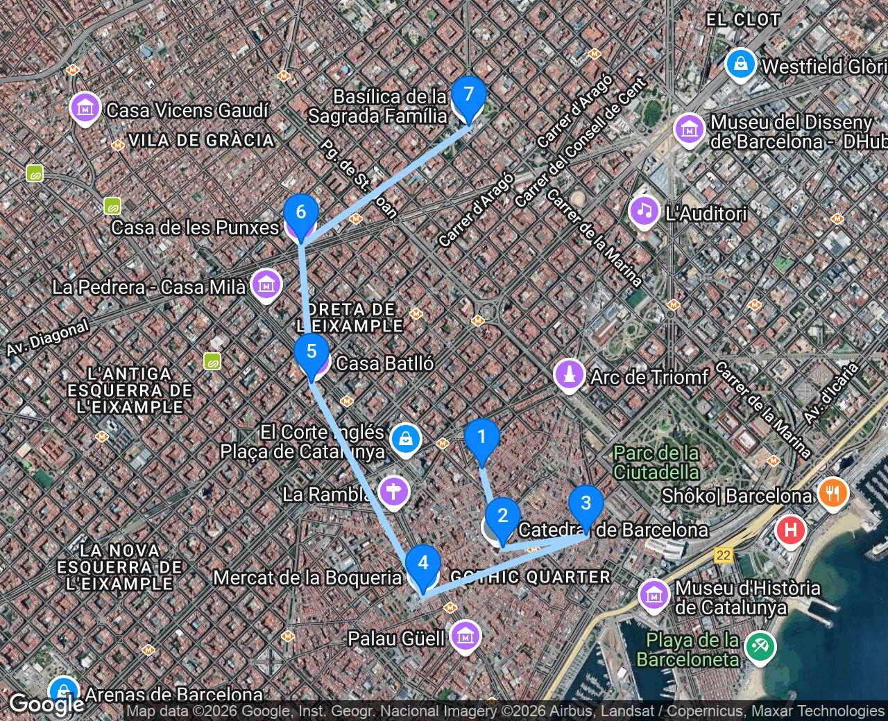Satellite map of the walking route through Barcelona, its 7 stops numbered in order and joined by a line
