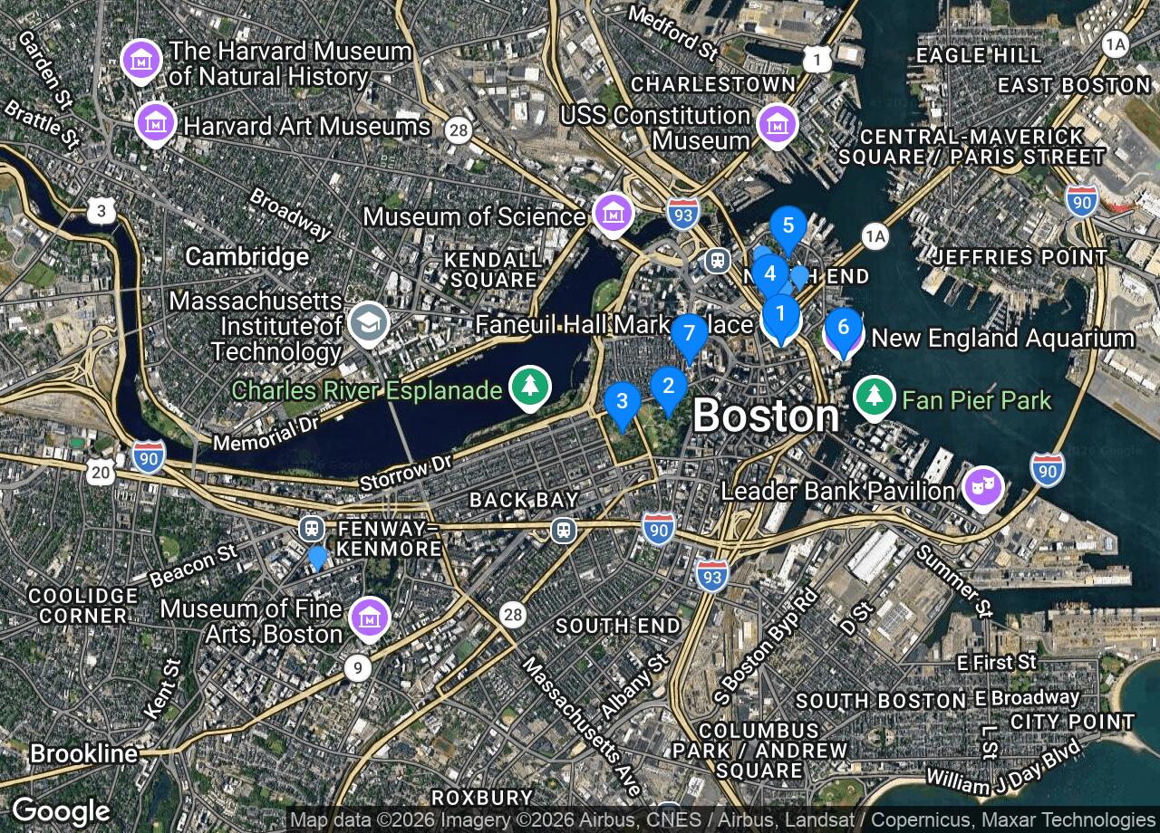Satellite map of Boston, with this guide's iconic places numbered and its
    restaurants and off-the-path places marked