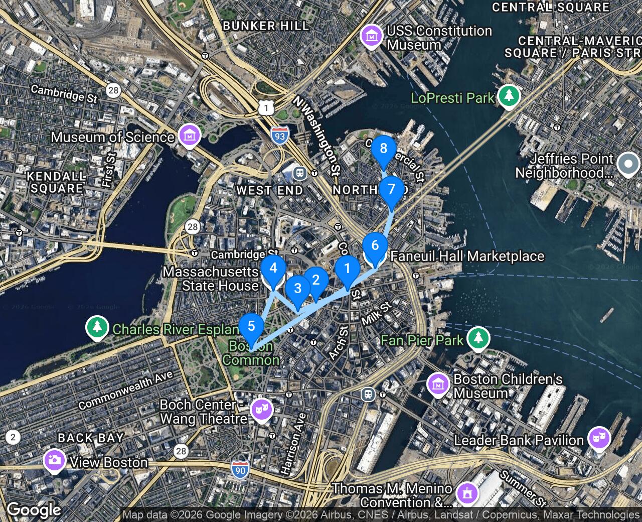 Satellite map of the walking route through Boston, its 8 stops numbered in order and joined by a line